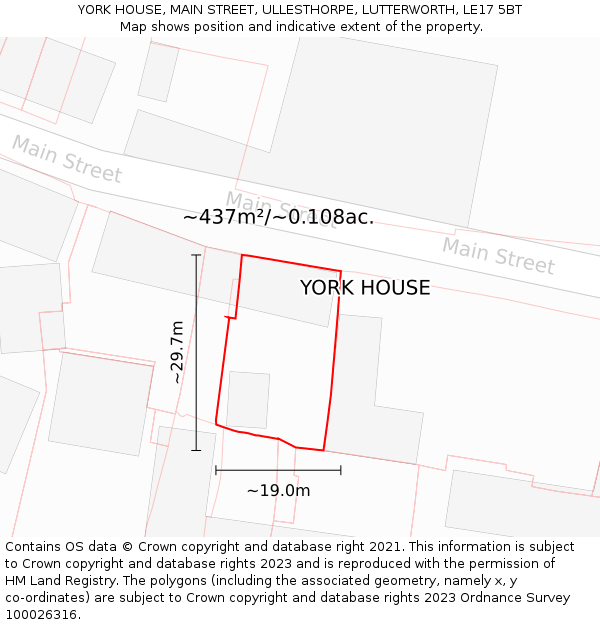 YORK HOUSE, MAIN STREET, ULLESTHORPE, LUTTERWORTH, LE17 5BT: Plot and title map