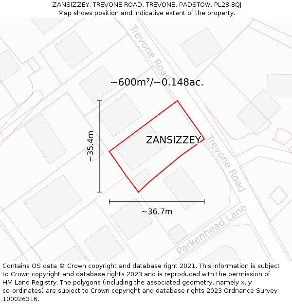 ZANSIZZEY, TREVONE ROAD, TREVONE, PADSTOW, PL28 8QJ: Plot and title map