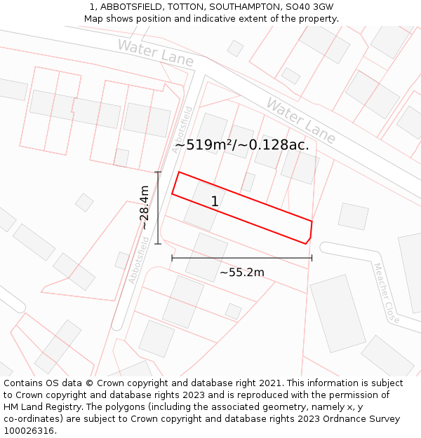 1, ABBOTSFIELD, TOTTON, SOUTHAMPTON, SO40 3GW: Plot and title map