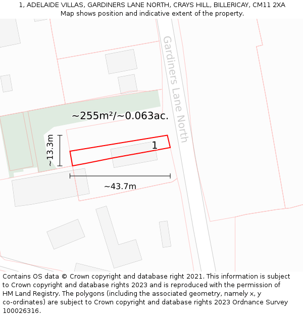 1, ADELAIDE VILLAS, GARDINERS LANE NORTH, CRAYS HILL, BILLERICAY, CM11 2XA: Plot and title map