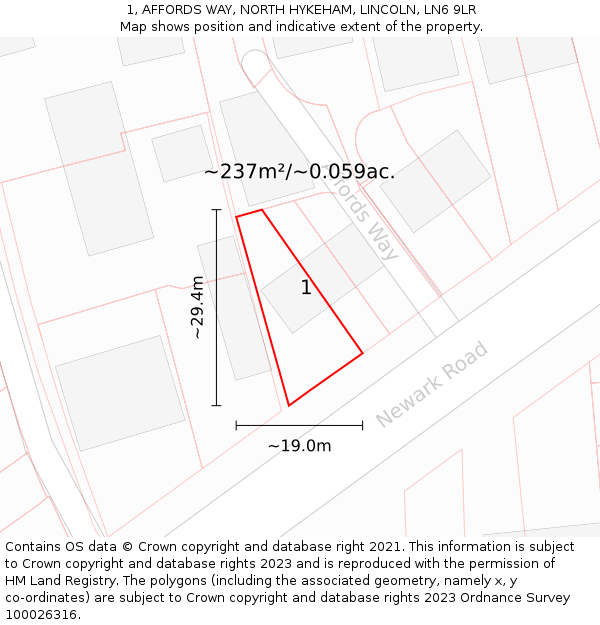 1, AFFORDS WAY, NORTH HYKEHAM, LINCOLN, LN6 9LR: Plot and title map