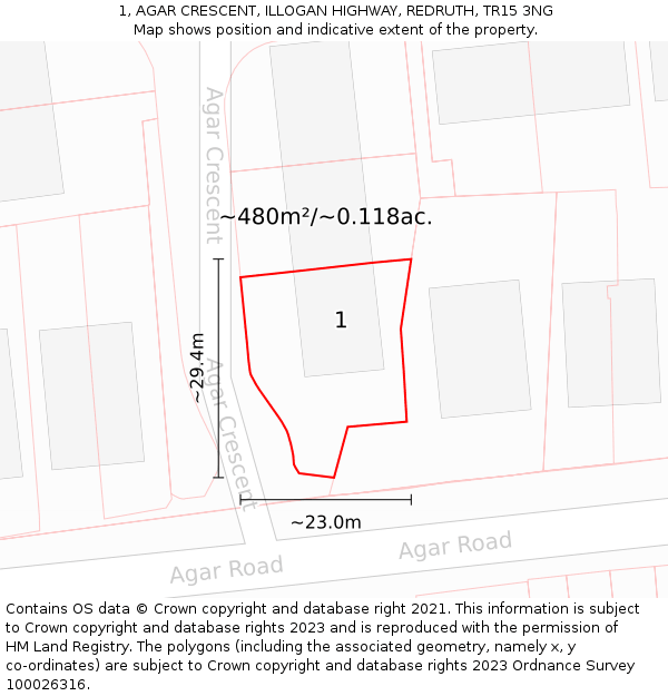 1, AGAR CRESCENT, ILLOGAN HIGHWAY, REDRUTH, TR15 3NG: Plot and title map