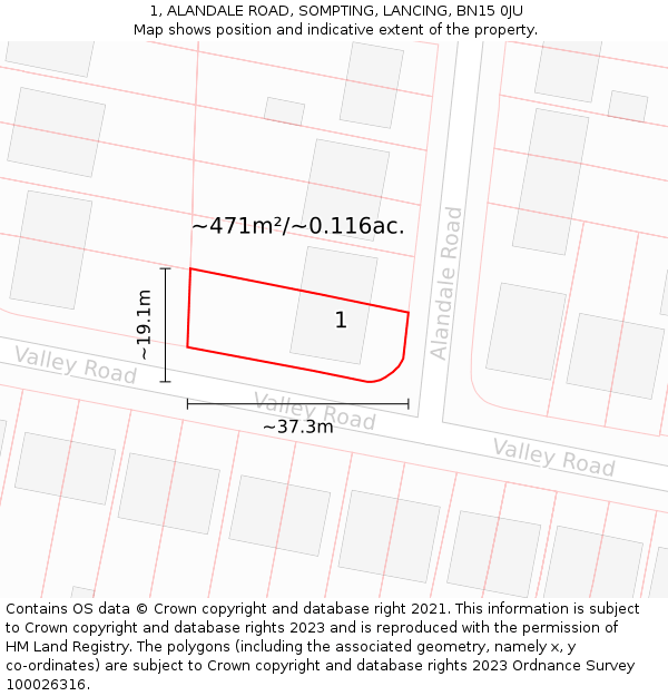 1, ALANDALE ROAD, SOMPTING, LANCING, BN15 0JU: Plot and title map