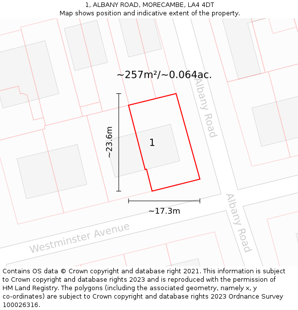 1, ALBANY ROAD, MORECAMBE, LA4 4DT: Plot and title map