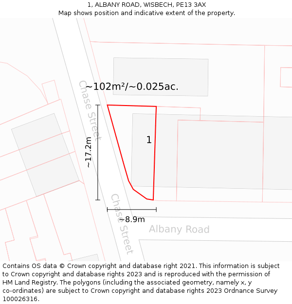 1, ALBANY ROAD, WISBECH, PE13 3AX: Plot and title map