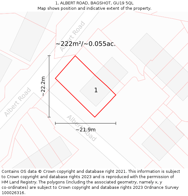 1, ALBERT ROAD, BAGSHOT, GU19 5QL: Plot and title map