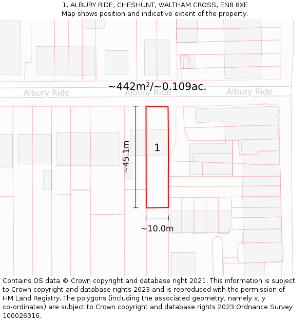 1, ALBURY RIDE, CHESHUNT, WALTHAM CROSS, EN8 8XE: Plot and title map