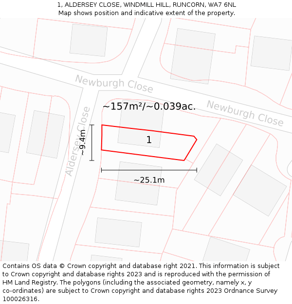 1, ALDERSEY CLOSE, WINDMILL HILL, RUNCORN, WA7 6NL: Plot and title map