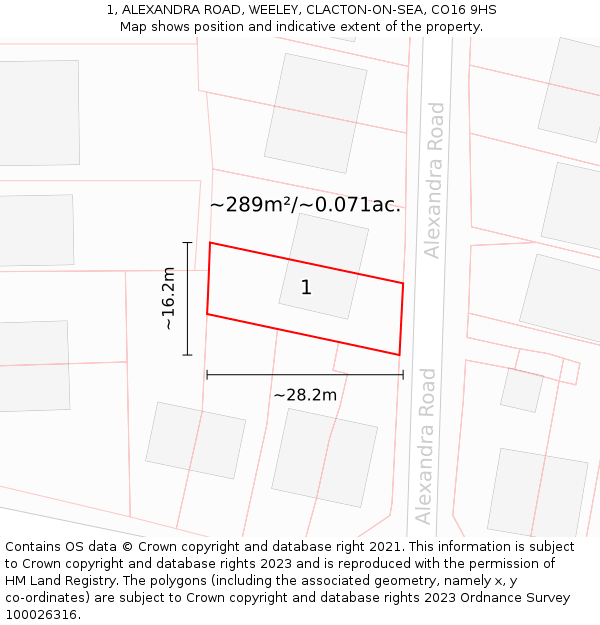 1, ALEXANDRA ROAD, WEELEY, CLACTON-ON-SEA, CO16 9HS: Plot and title map