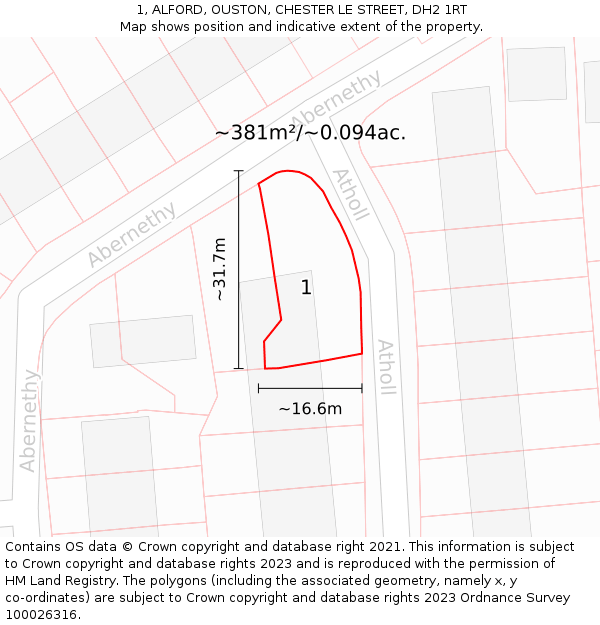 1, ALFORD, OUSTON, CHESTER LE STREET, DH2 1RT: Plot and title map