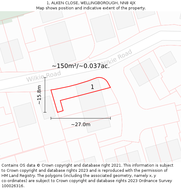 1, ALKEN CLOSE, WELLINGBOROUGH, NN8 4JX: Plot and title map