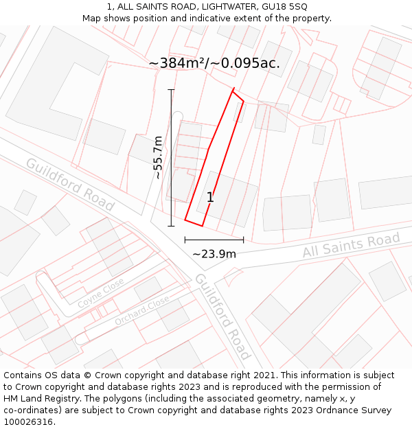 1, ALL SAINTS ROAD, LIGHTWATER, GU18 5SQ: Plot and title map