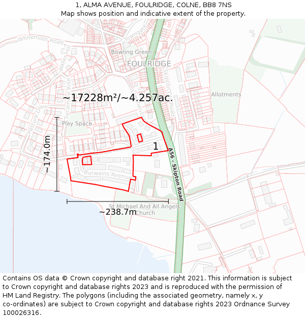 1, ALMA AVENUE, FOULRIDGE, COLNE, BB8 7NS: Plot and title map