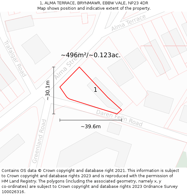 1, ALMA TERRACE, BRYNMAWR, EBBW VALE, NP23 4DR: Plot and title map