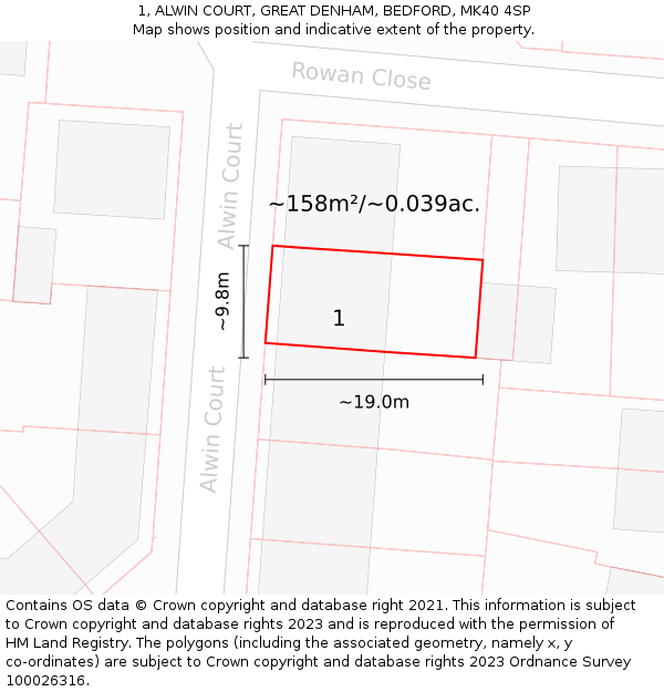 1, ALWIN COURT, GREAT DENHAM, BEDFORD, MK40 4SP: Plot and title map