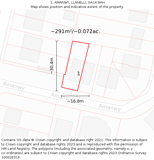 1, AMANWY, LLANELLI, SA14 9AH: Plot and title map