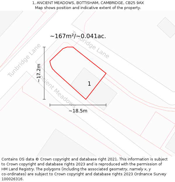 1, ANCIENT MEADOWS, BOTTISHAM, CAMBRIDGE, CB25 9AX: Plot and title map