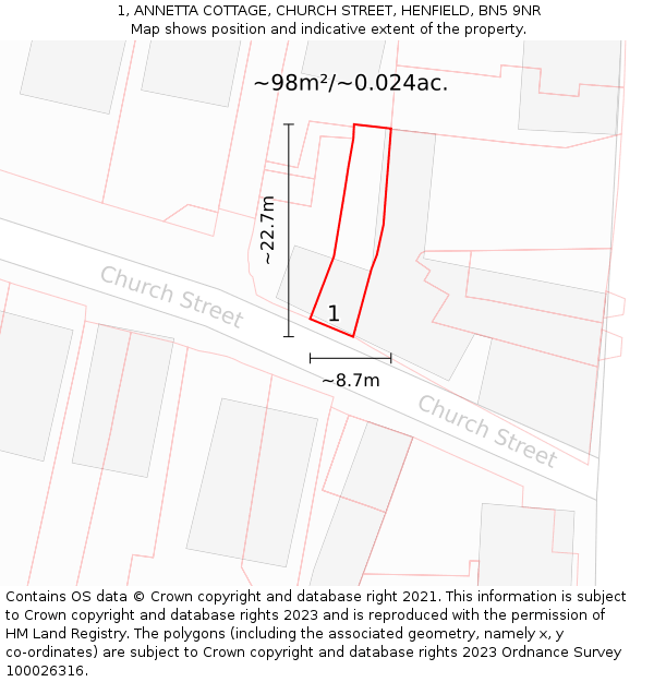 1, ANNETTA COTTAGE, CHURCH STREET, HENFIELD, BN5 9NR: Plot and title map