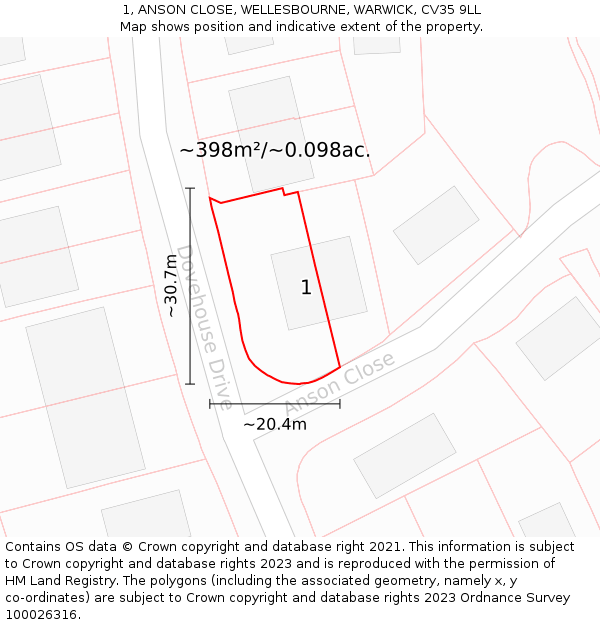 1, ANSON CLOSE, WELLESBOURNE, WARWICK, CV35 9LL: Plot and title map