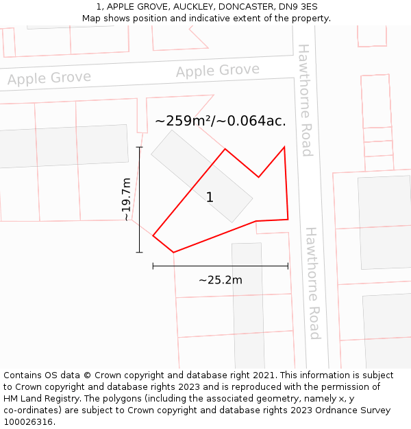 1, APPLE GROVE, AUCKLEY, DONCASTER, DN9 3ES: Plot and title map