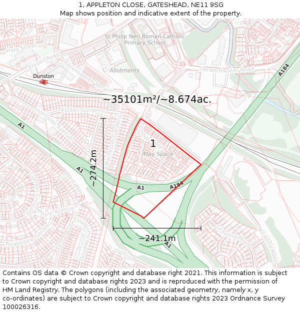 1, APPLETON CLOSE, GATESHEAD, NE11 9SG: Plot and title map