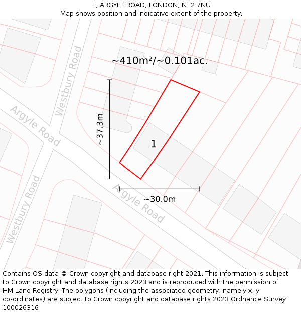 1, ARGYLE ROAD, LONDON, N12 7NU: Plot and title map