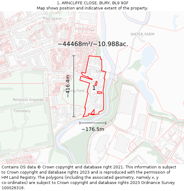 1, ARNCLIFFE CLOSE, BURY, BL9 9GF: Plot and title map