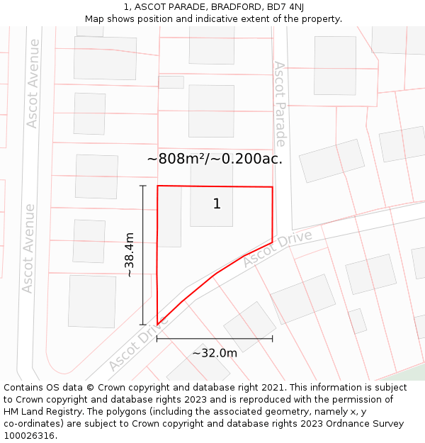 1, ASCOT PARADE, BRADFORD, BD7 4NJ: Plot and title map