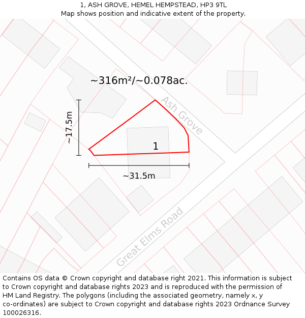 1, ASH GROVE, HEMEL HEMPSTEAD, HP3 9TL: Plot and title map