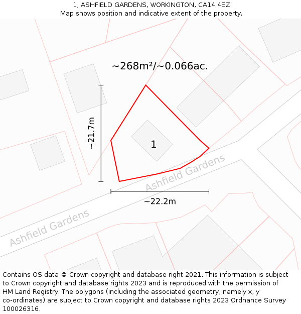 1, ASHFIELD GARDENS, WORKINGTON, CA14 4EZ: Plot and title map