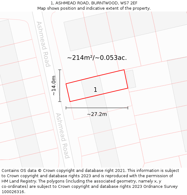 1, ASHMEAD ROAD, BURNTWOOD, WS7 2EF: Plot and title map