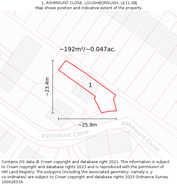 1, ASHMOUNT CLOSE, LOUGHBOROUGH, LE11 2BJ: Plot and title map