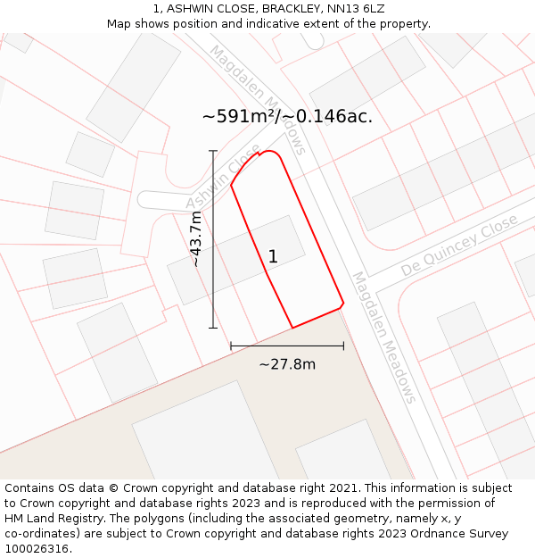 1, ASHWIN CLOSE, BRACKLEY, NN13 6LZ: Plot and title map