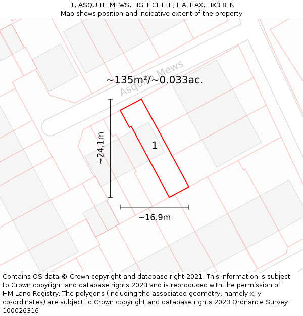 1, ASQUITH MEWS, LIGHTCLIFFE, HALIFAX, HX3 8FN: Plot and title map