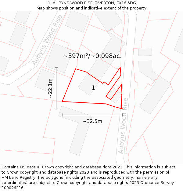 1, AUBYNS WOOD RISE, TIVERTON, EX16 5DG: Plot and title map