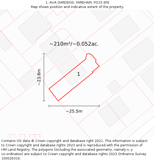 1, AVA GARDENS, FAREHAM, PO15 6FE: Plot and title map