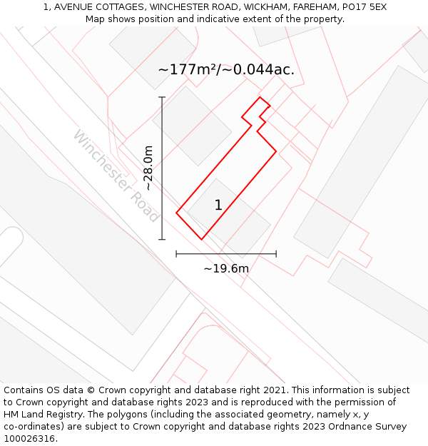 1, AVENUE COTTAGES, WINCHESTER ROAD, WICKHAM, FAREHAM, PO17 5EX: Plot and title map