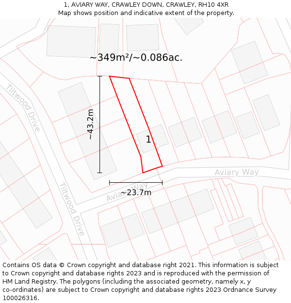 1, AVIARY WAY, CRAWLEY DOWN, CRAWLEY, RH10 4XR: Plot and title map