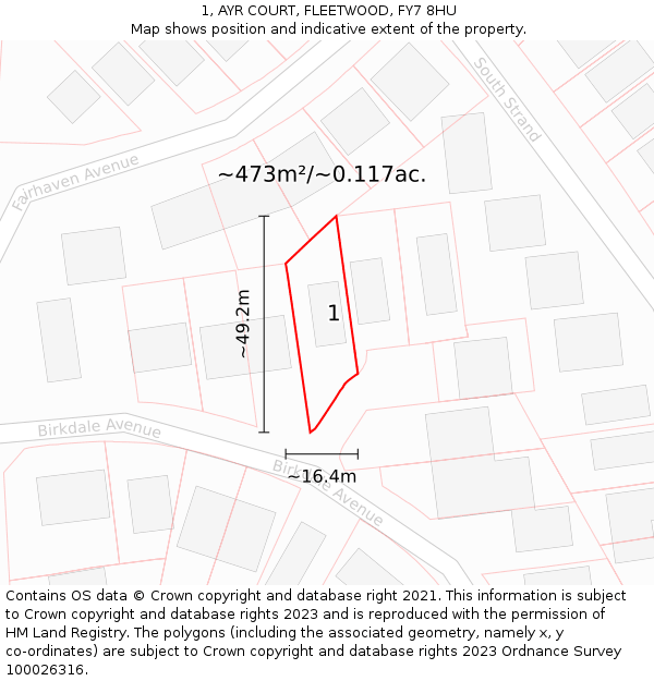 1, AYR COURT, FLEETWOOD, FY7 8HU: Plot and title map