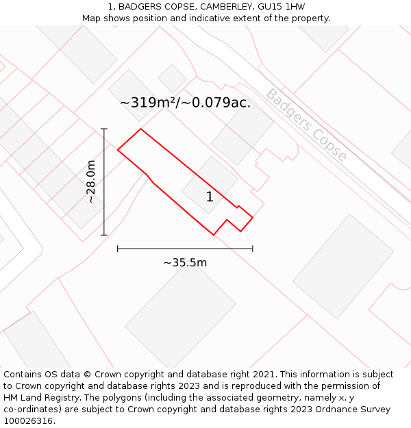 1, BADGERS COPSE, CAMBERLEY, GU15 1HW: Plot and title map