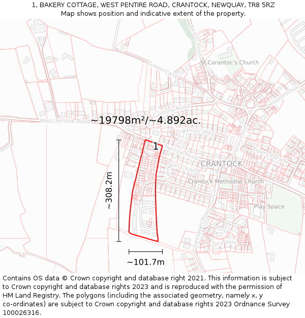 1, BAKERY COTTAGE, WEST PENTIRE ROAD, CRANTOCK, NEWQUAY, TR8 5RZ: Plot and title map