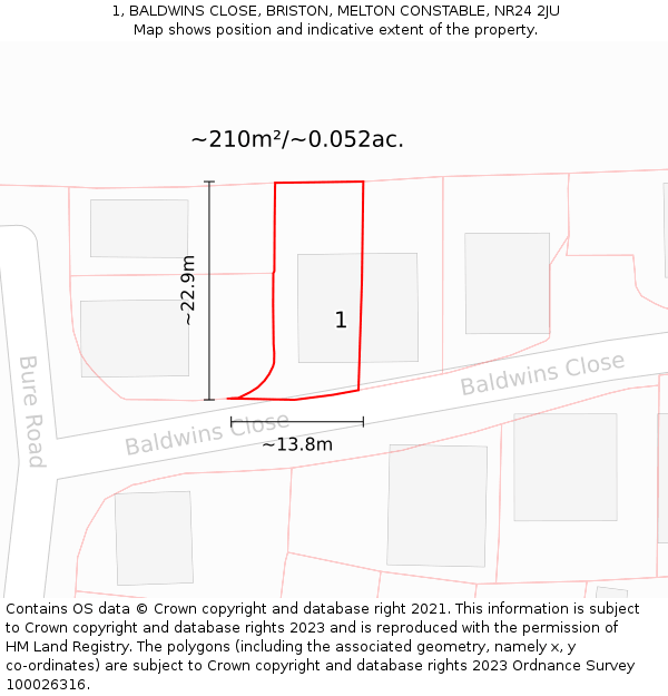 1, BALDWINS CLOSE, BRISTON, MELTON CONSTABLE, NR24 2JU: Plot and title map