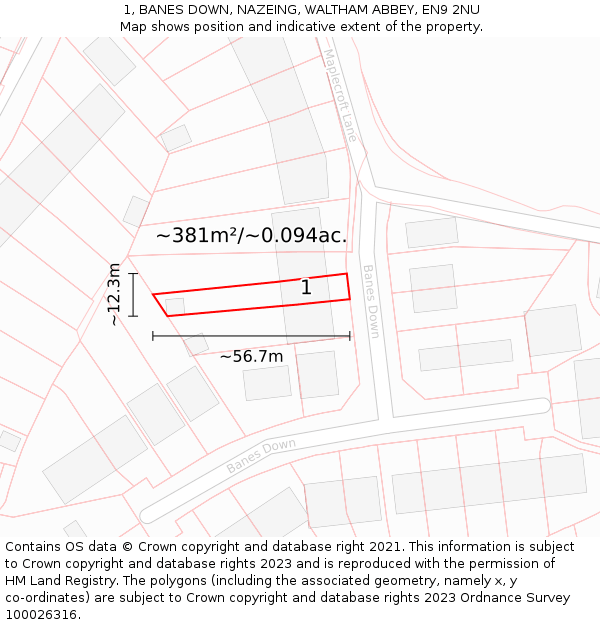 1, BANES DOWN, NAZEING, WALTHAM ABBEY, EN9 2NU: Plot and title map