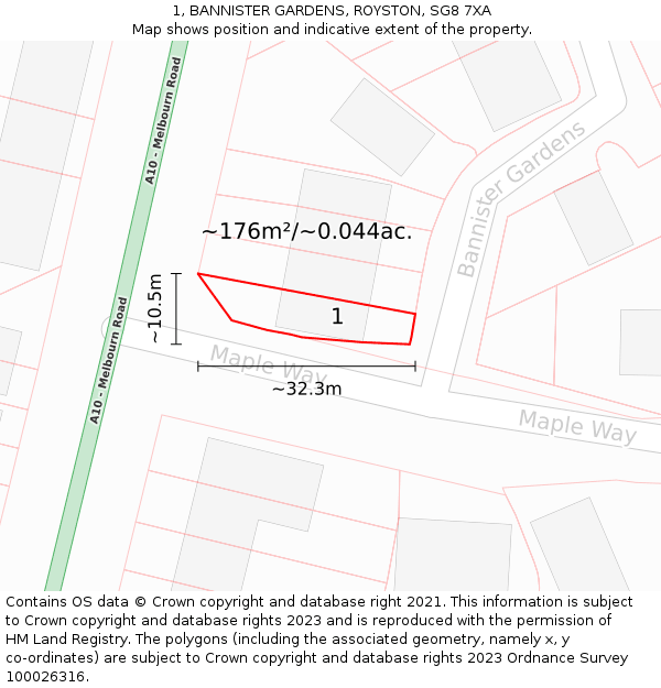 1, BANNISTER GARDENS, ROYSTON, SG8 7XA: Plot and title map