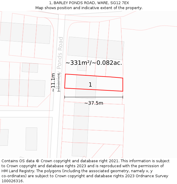 1, BARLEY PONDS ROAD, WARE, SG12 7EX: Plot and title map