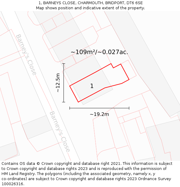 1, BARNEYS CLOSE, CHARMOUTH, BRIDPORT, DT6 6SE: Plot and title map