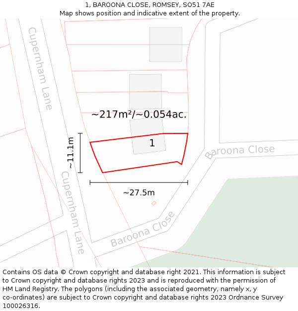 1, BAROONA CLOSE, ROMSEY, SO51 7AE: Plot and title map