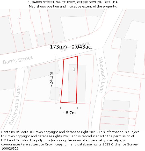 1, BARRS STREET, WHITTLESEY, PETERBOROUGH, PE7 1DA: Plot and title map