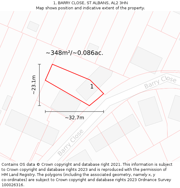 1, BARRY CLOSE, ST ALBANS, AL2 3HN: Plot and title map