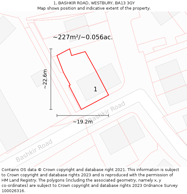 1, BASHKIR ROAD, WESTBURY, BA13 3GY: Plot and title map